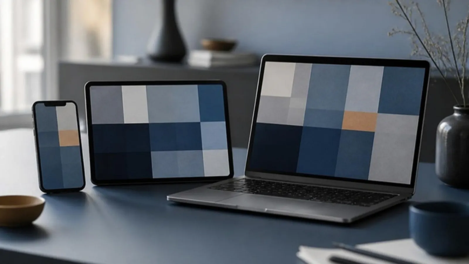 Smartphone, Tablet und Laptop zeigen dasselbe abstrakte Rastermuster nebeneinander