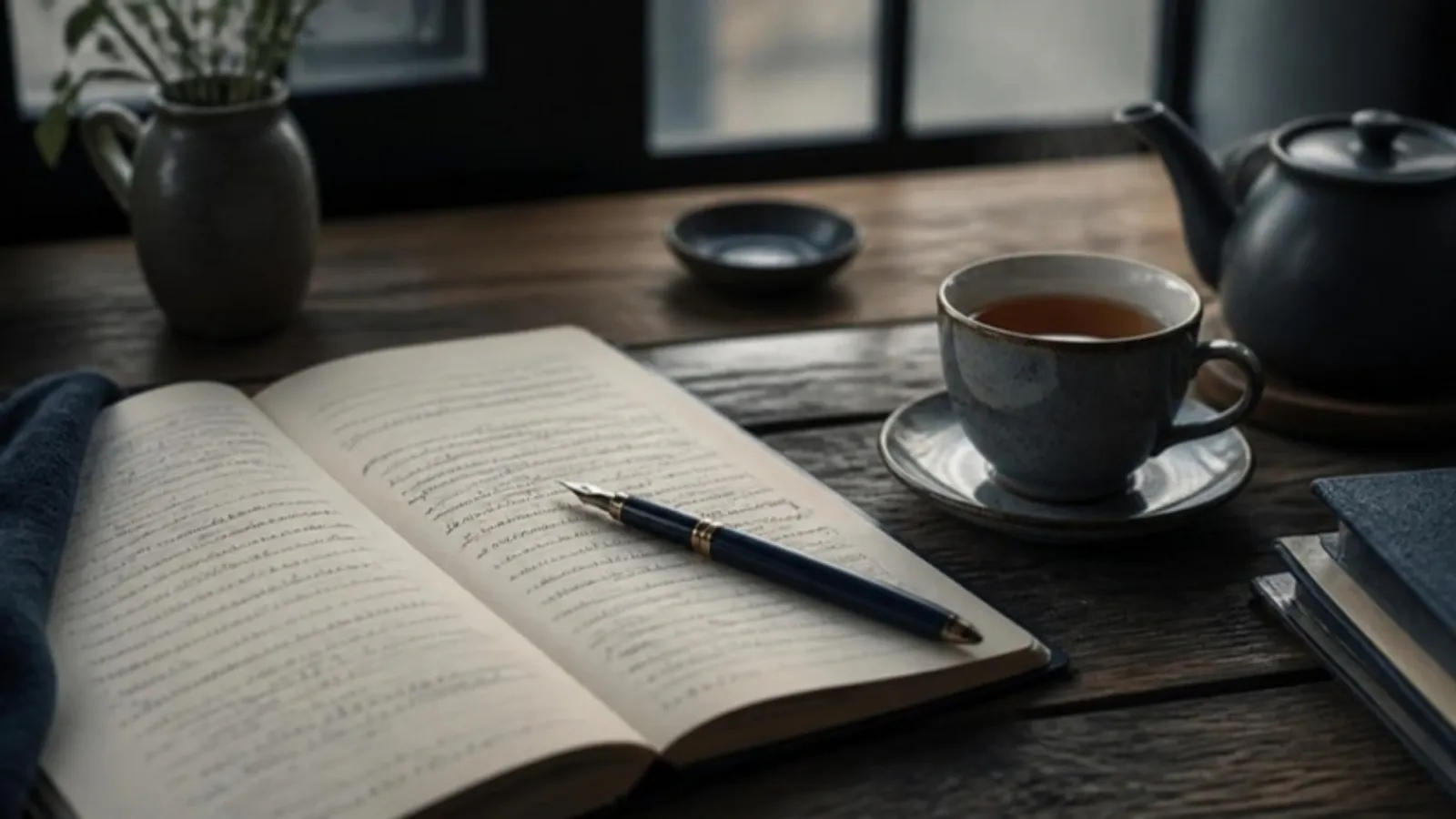 Offenes Notizbuch mit Textmarkierungen, Füllfederhalter und dampfender Tasse Tee