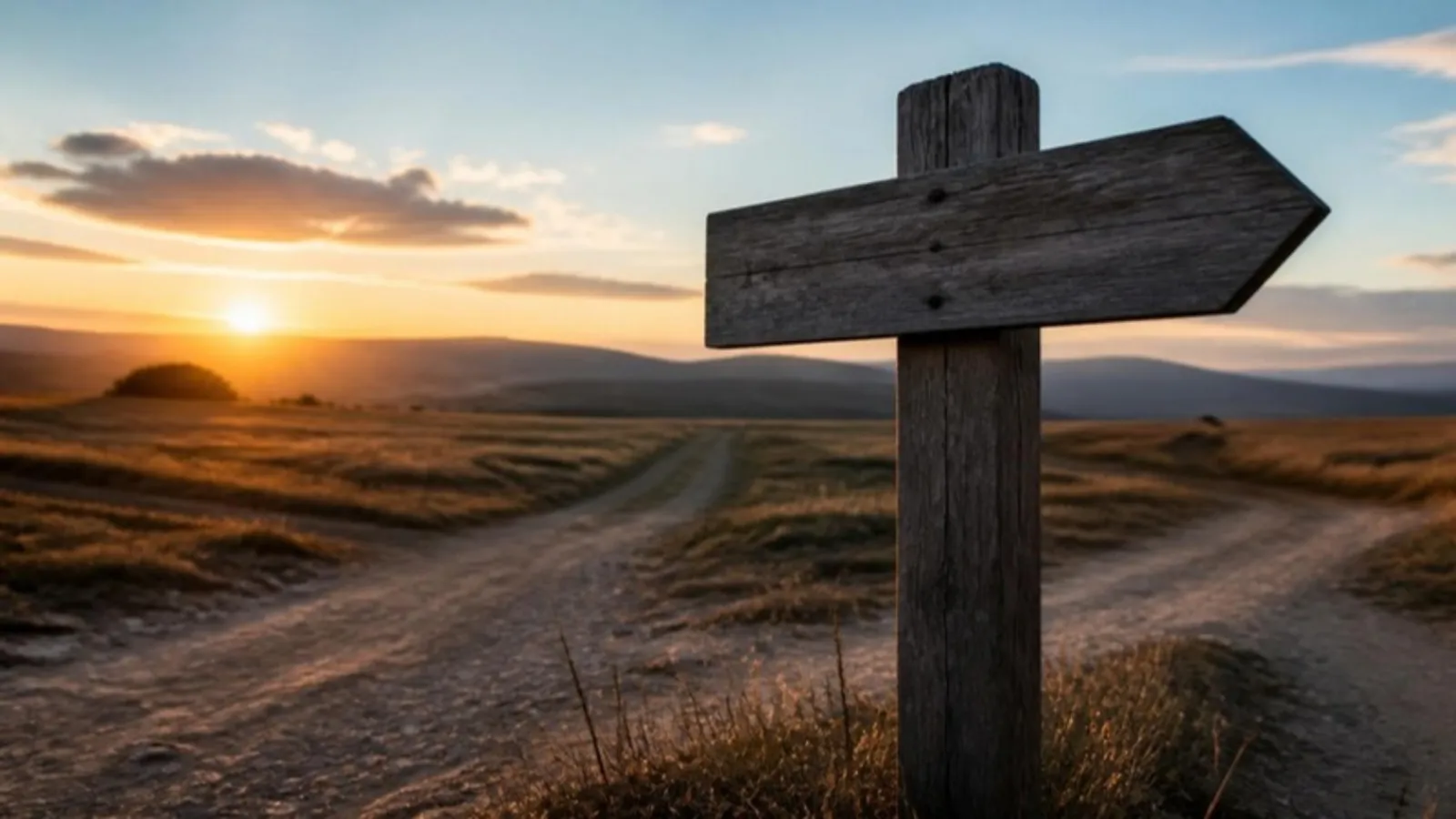 Großes Wegweiserschild steht allein an einer Kreuzung im Sonnenuntergang