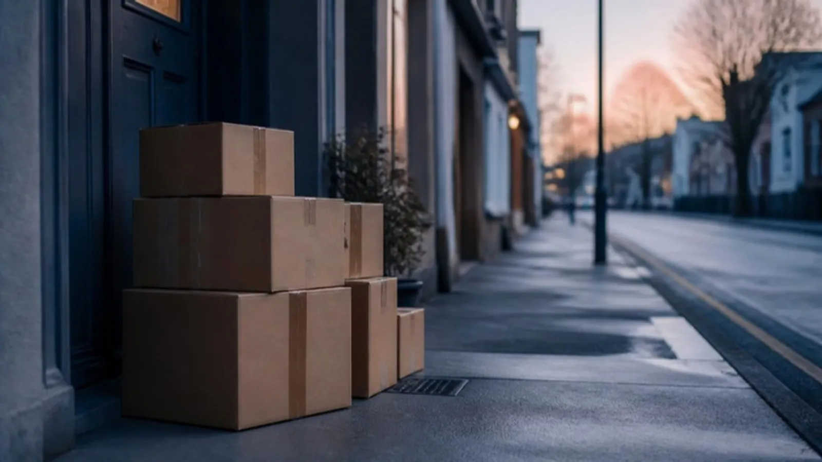Gestapelte Paketkartons stehen bei Dämmerung vor einer Haustür