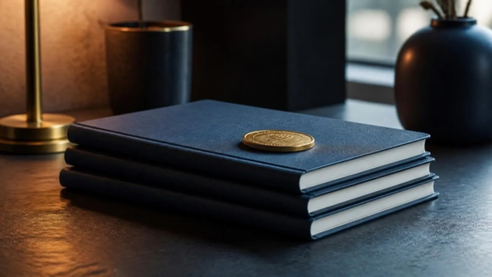 Drei gestapelte Notizbücher mit goldener Münze obenauf