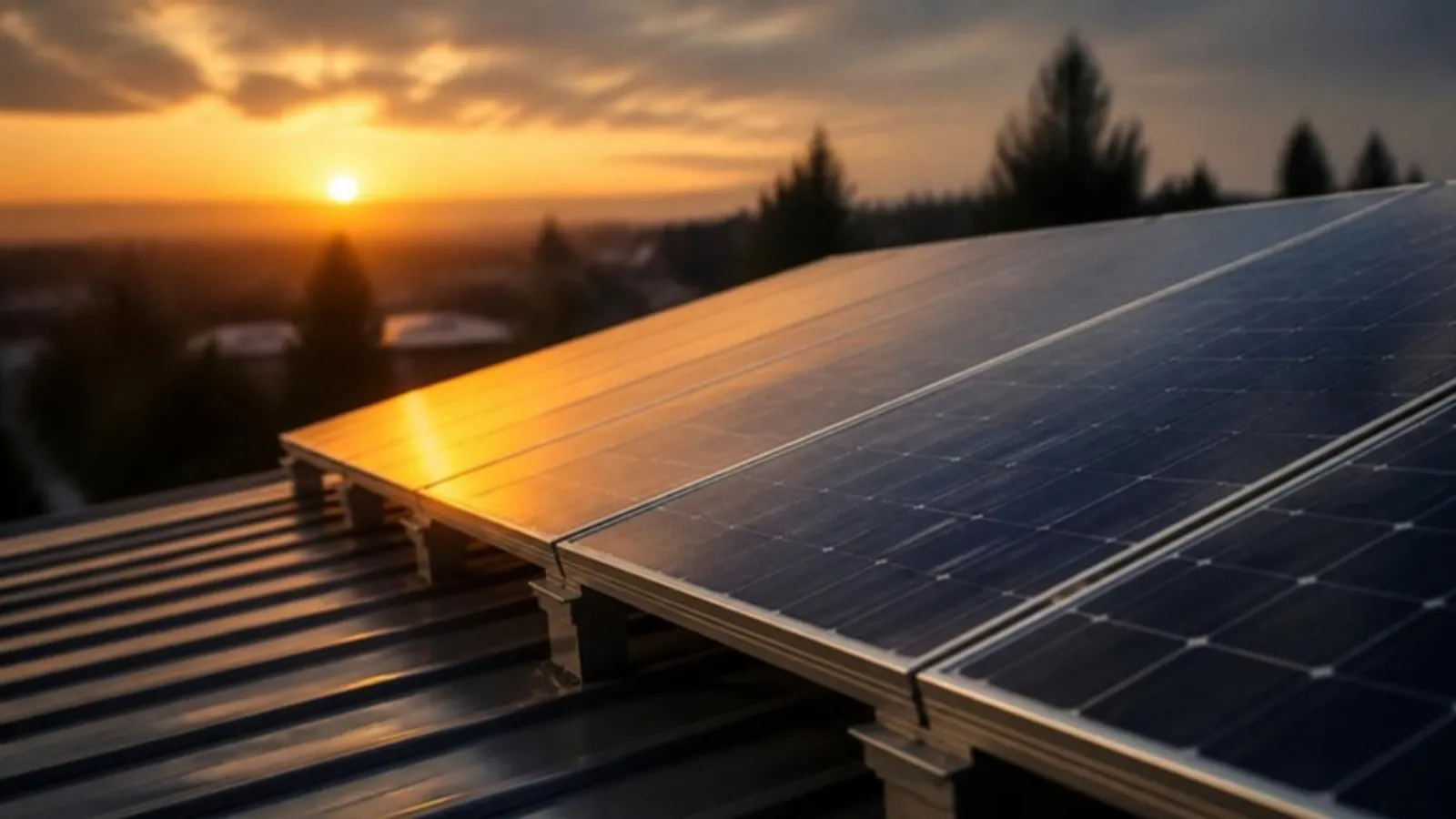 Solarmodule auf einem Dach spiegeln goldenes Sonnenaufgangslicht