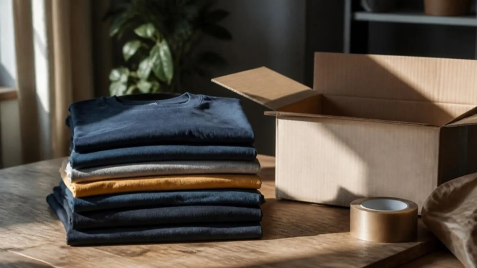 Gefaltete T-Shirts liegen neben offenem Versandkarton und Klebeband