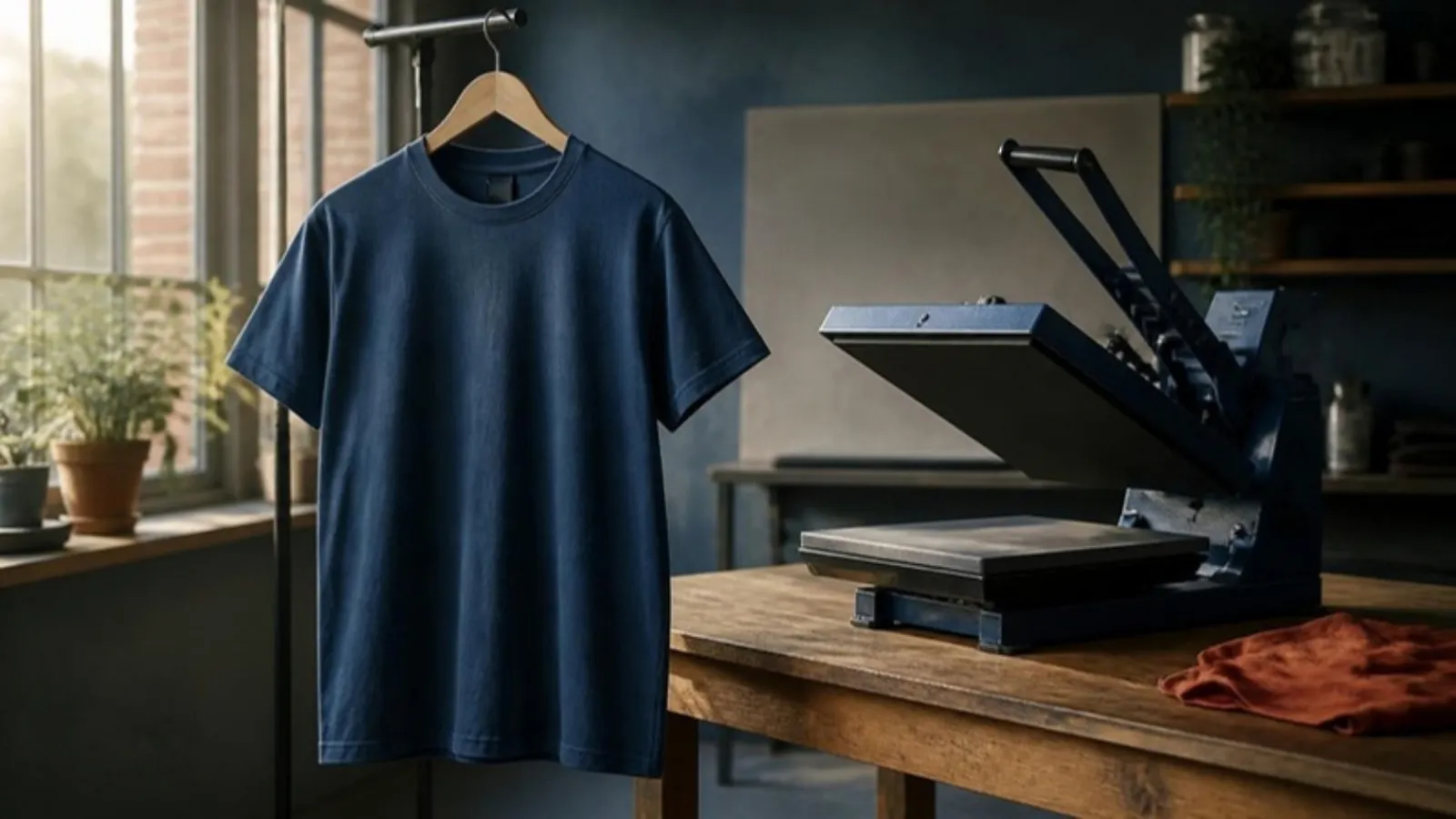 Einfarbiges T-Shirt hängt neben einer Textilpresse in der Werkstatt