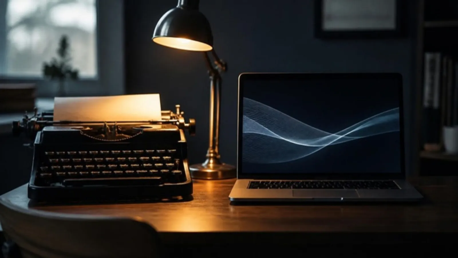 Alte Schreibmaschine neben Laptop mit abstrakten Linien auf dem Bildschirm