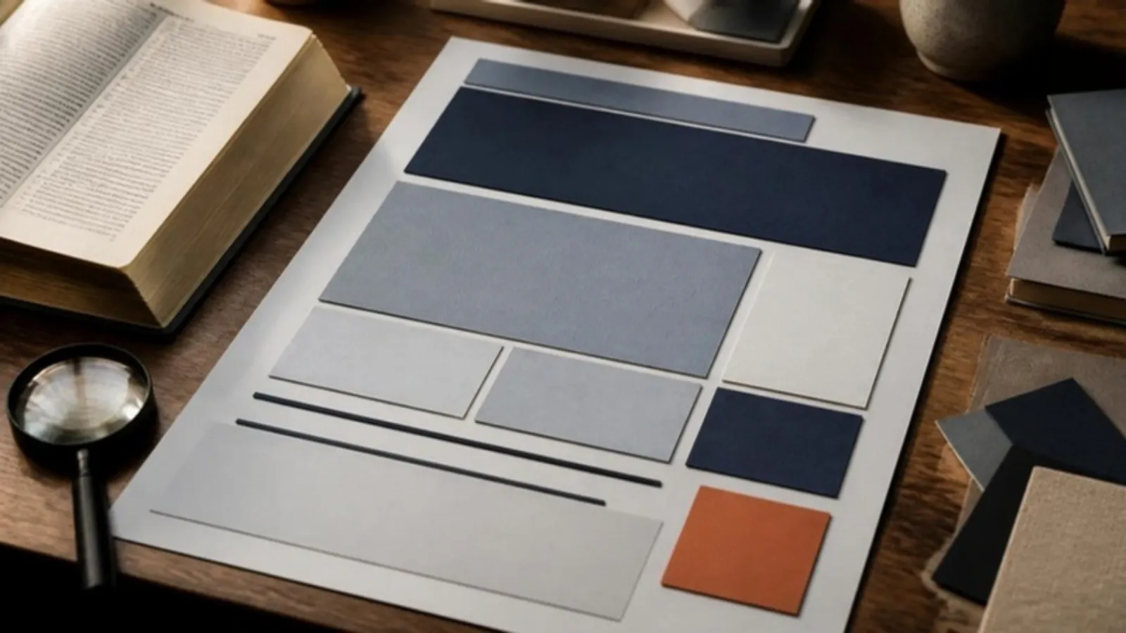 Papiercollage eines Seitenlayouts liegt neben aufgeschlagenem Wörterbuch