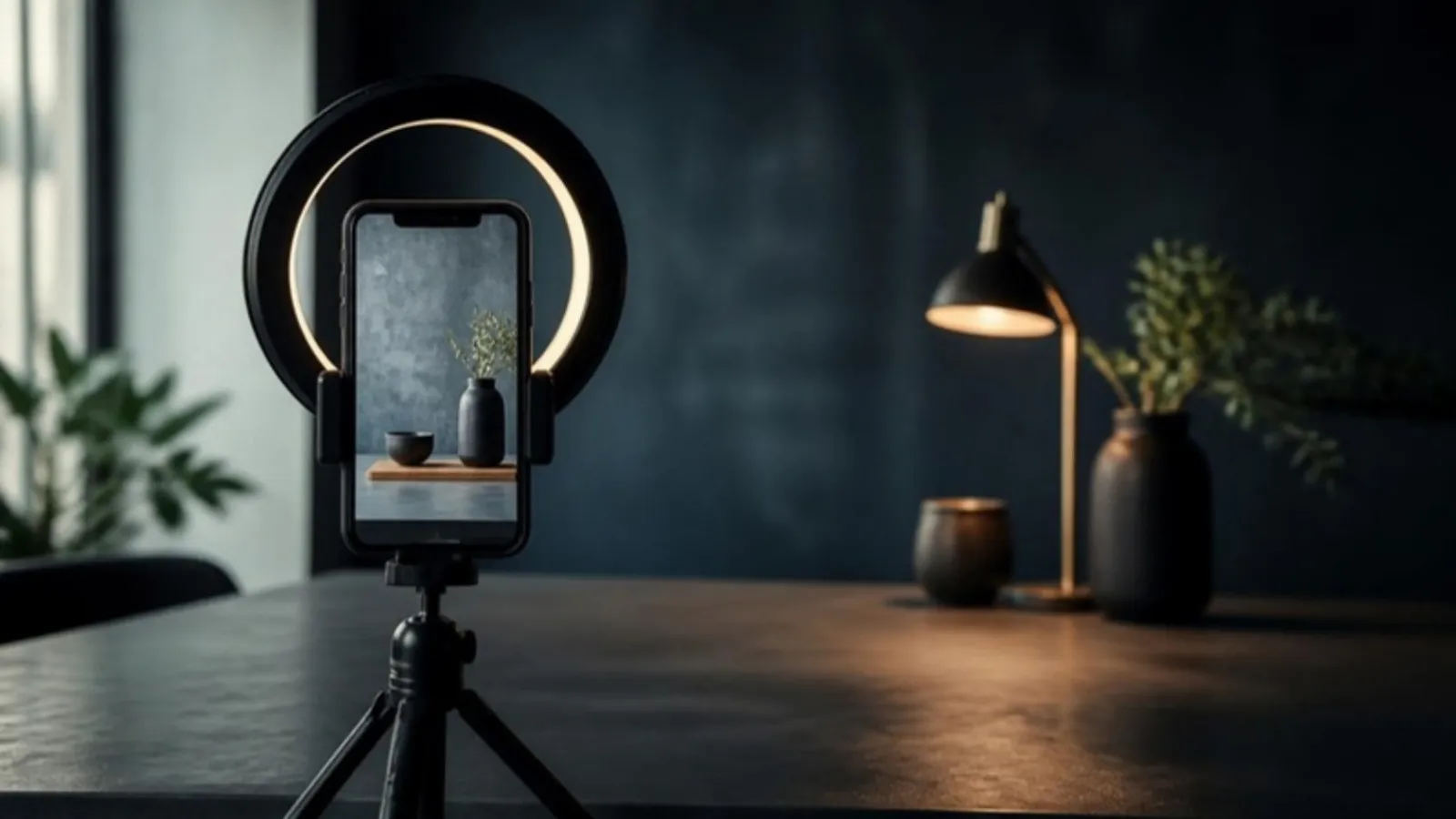 Handy auf Stativ mit Ringlicht filmt leere Produktfläche auf Tisch