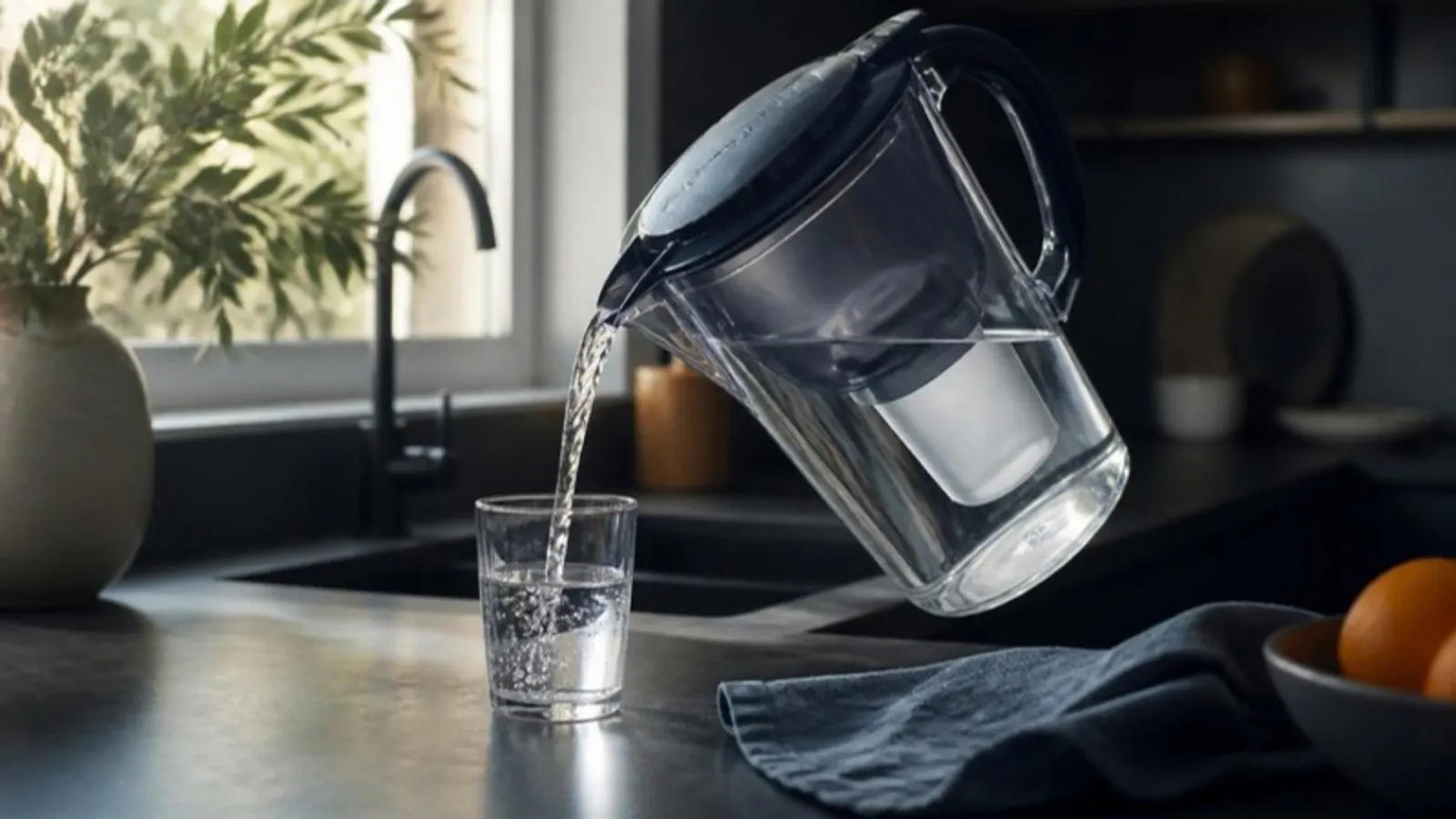 Glas wird am Küchentresen mit Wasser aus einer Filterkanne gefüllt