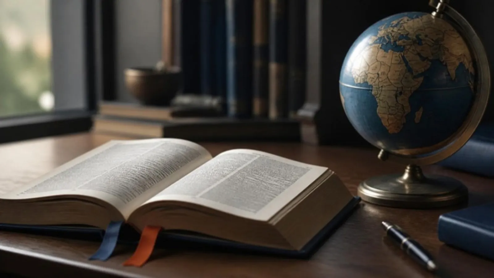 Aufgeschlagenes Wörterbuch mit zwei Lesezeichen neben einem Globus