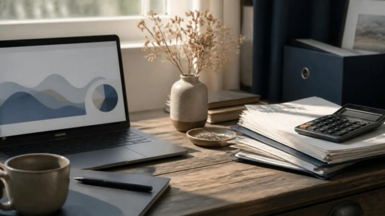 Laptop mit Diagramm neben gestapelten Aktenordnern und Taschenrechner