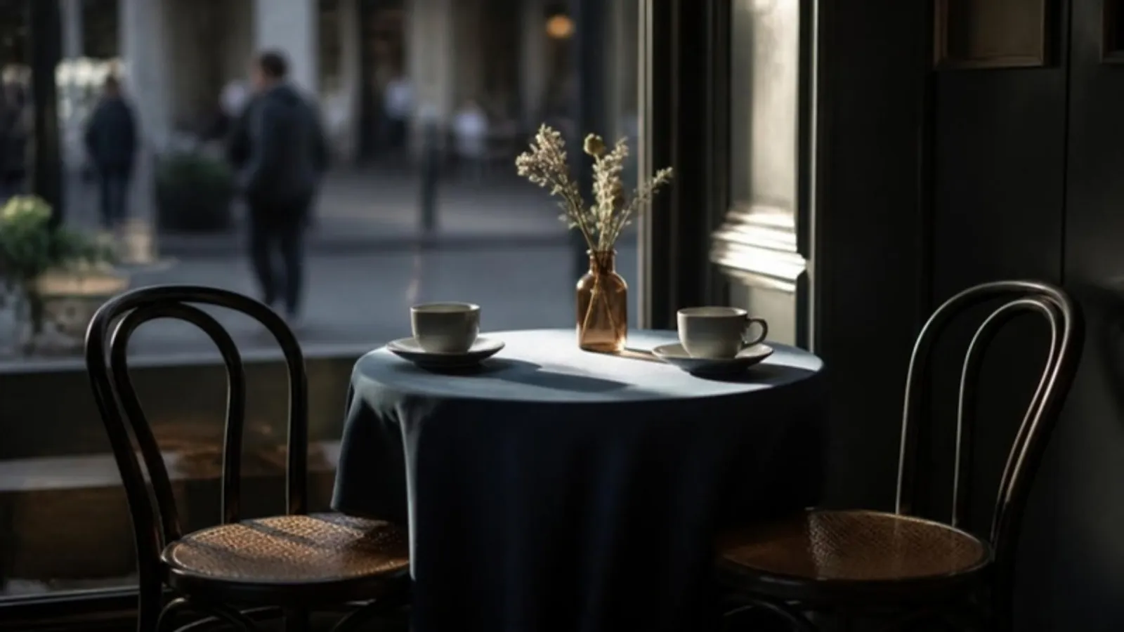 Zwei leere Cafestühle an einem Tisch mit zwei Tassen im Licht