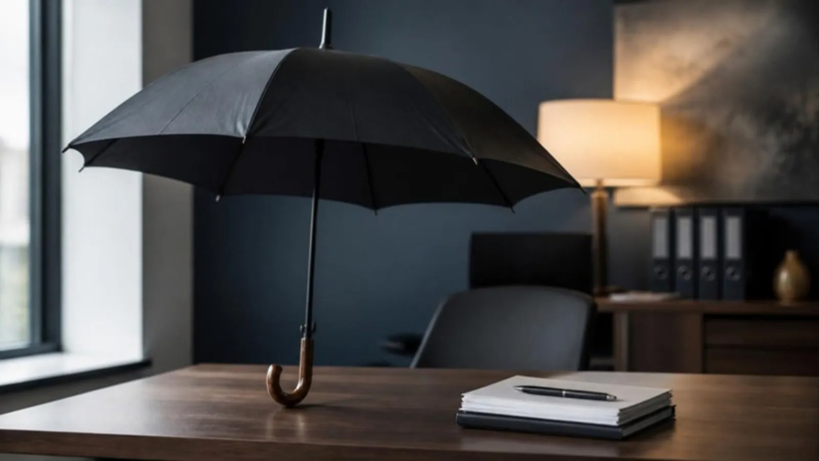 Aufgespannter Regenschirm steht auf Schreibtisch neben Dokumentenstapel