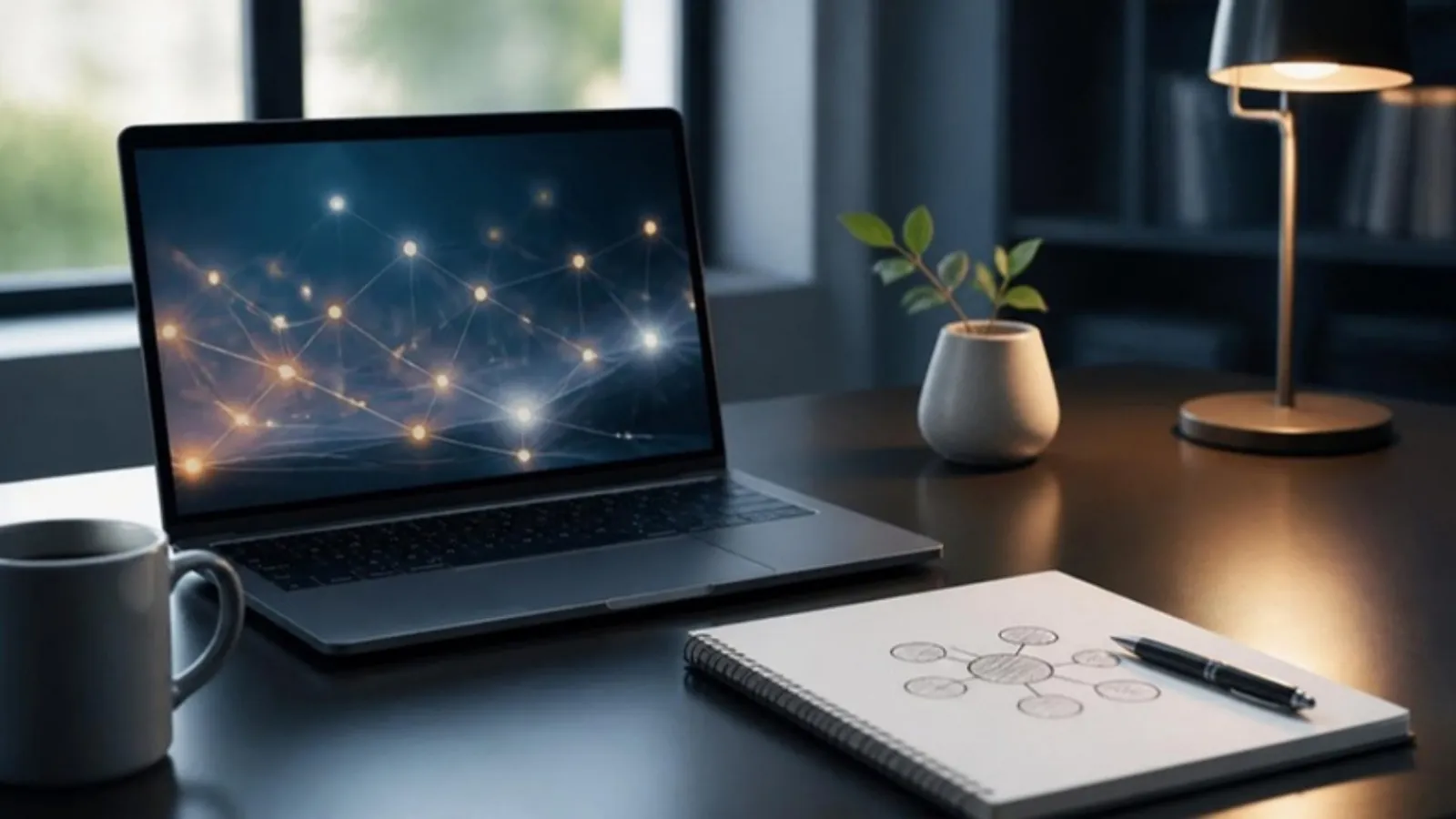 Laptop mit leuchtendem Knotennetzwerk neben Notizblock mit gezeichneter Blase