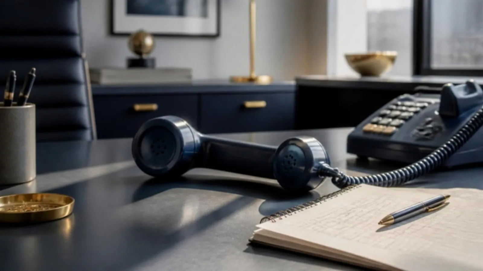 Telefonhörer liegt neben Notizblock mit Kritzeleien auf Schreibtisch