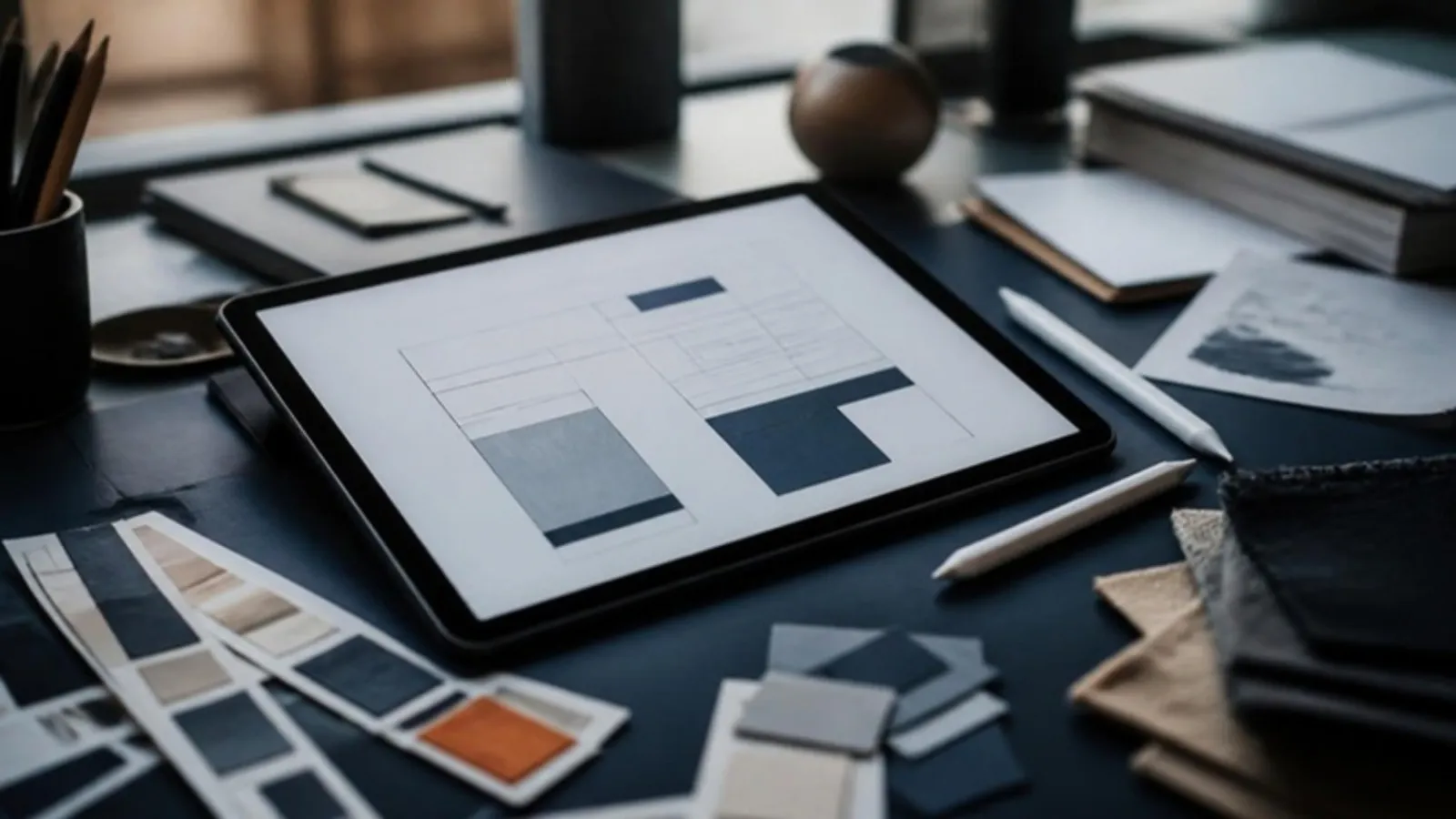 Tablet mit Layoutskizze liegt neben Farbmustern und Stift auf Schreibtisch