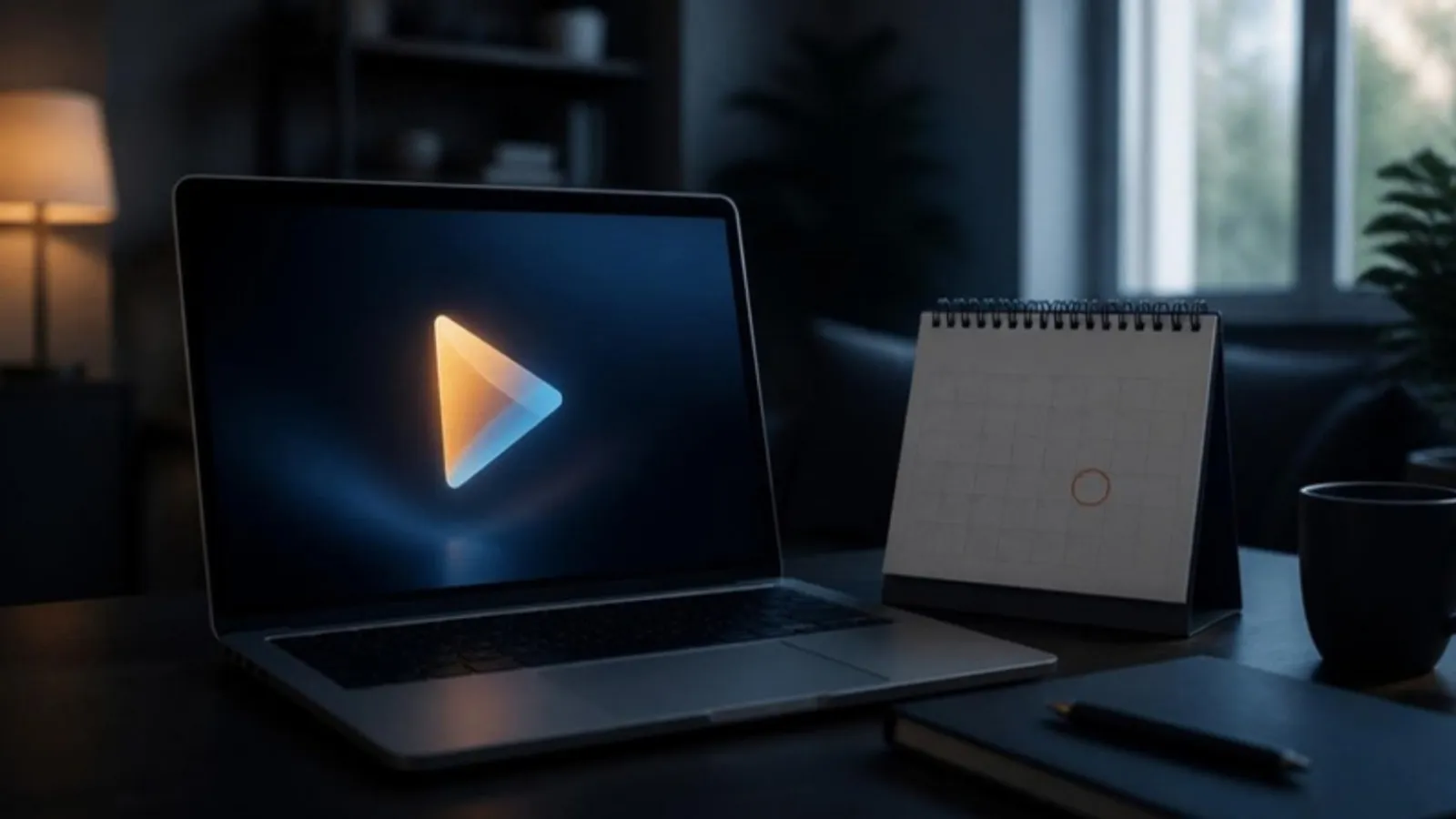 Laptop mit leuchtendem Wiedergabesymbol neben Kalender mit markiertem Datum