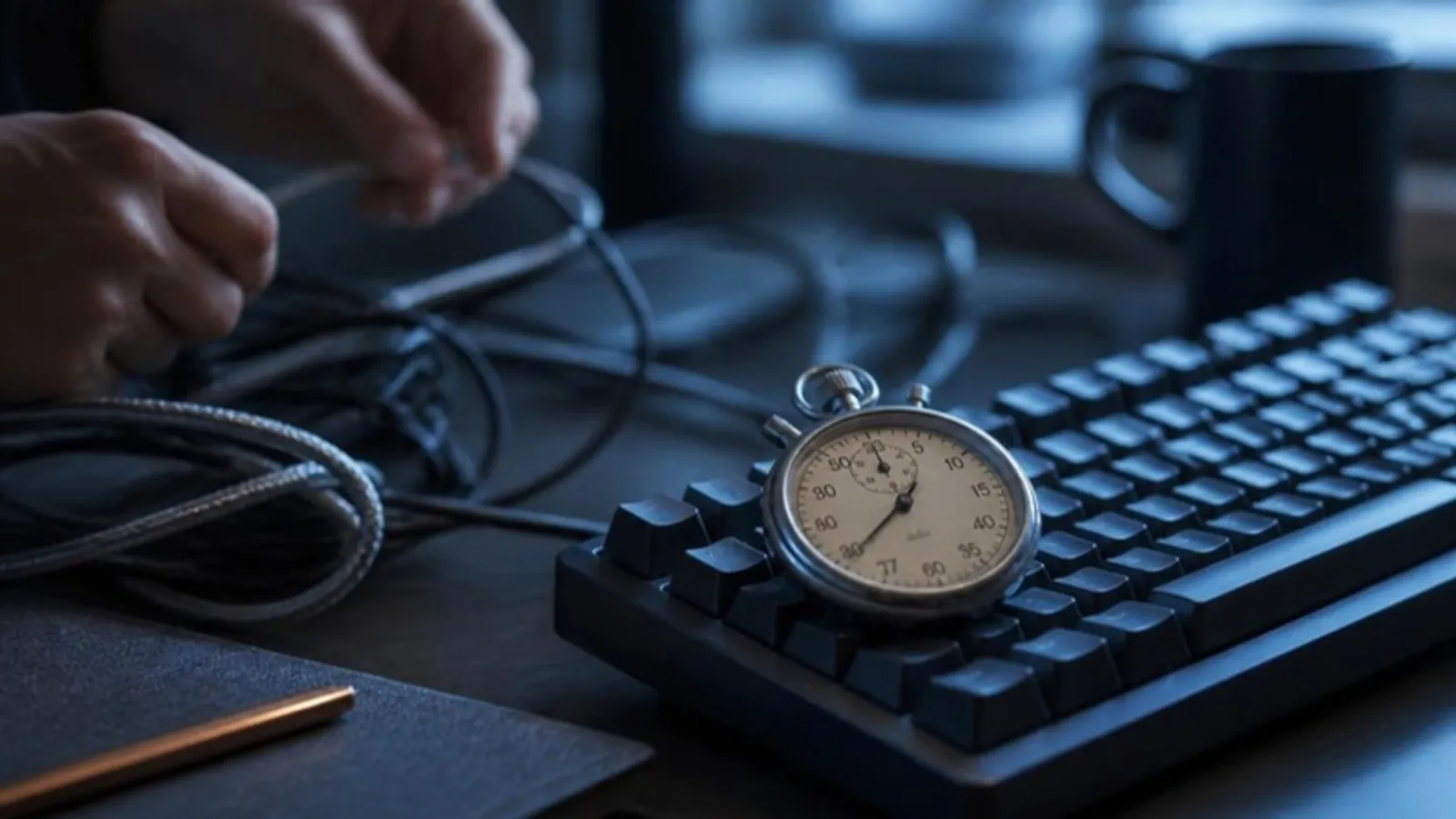 Stoppuhr auf Tastatur neben verknoteten Kabeln, die entwirrt werden
