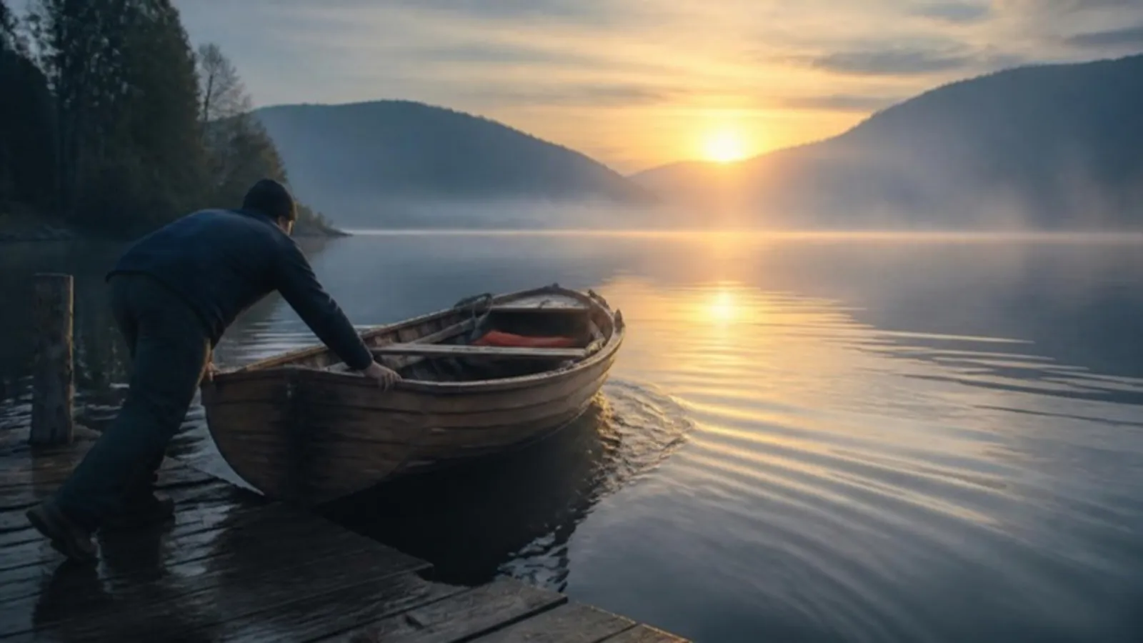 Kleines Boot wird bei Sonnenaufgang von einem Steg ins Wasser geschoben