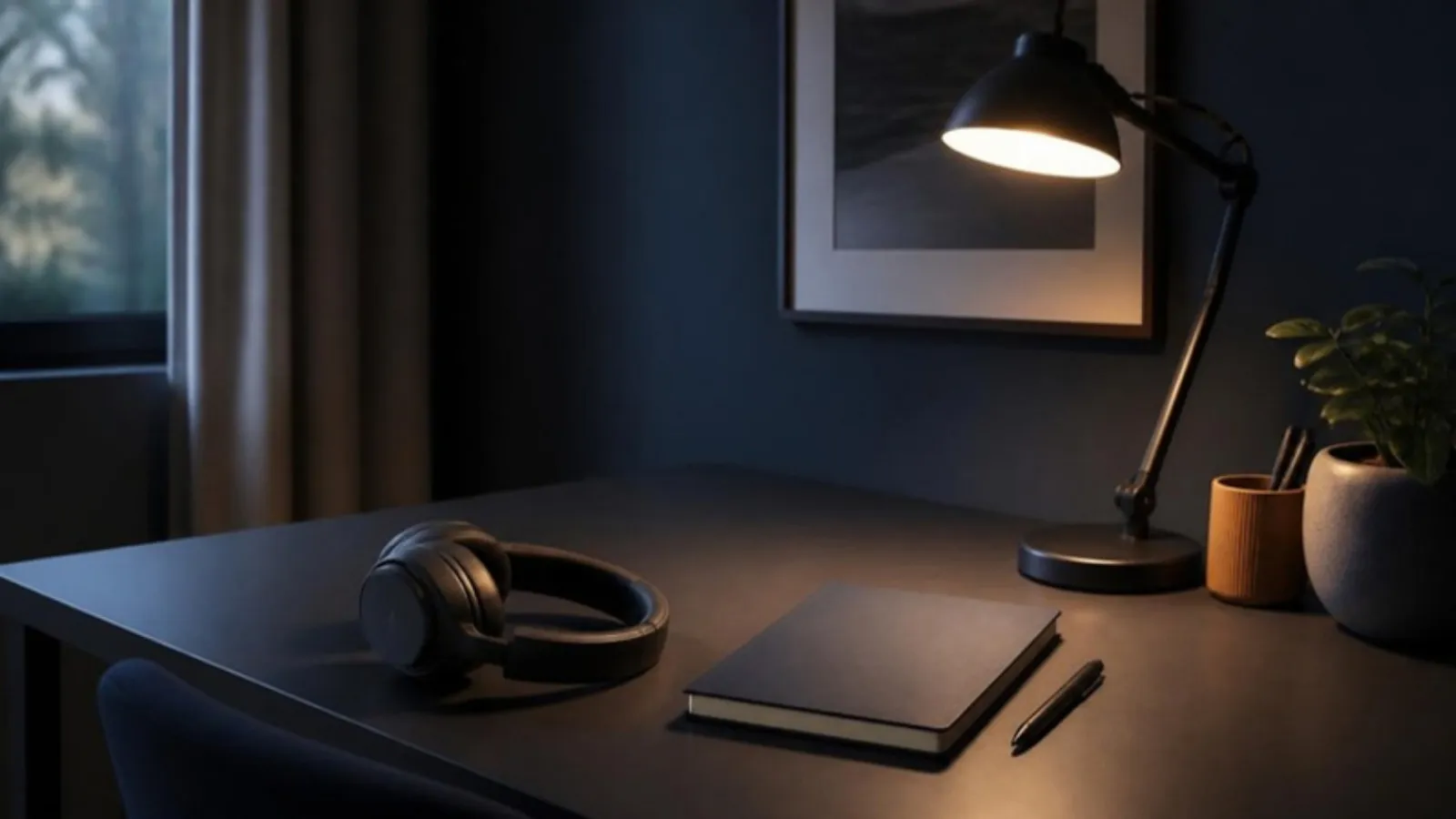 Schreibtischlampe beleuchtet Kopfhörer und Notizbuch im dunklen Zimmer