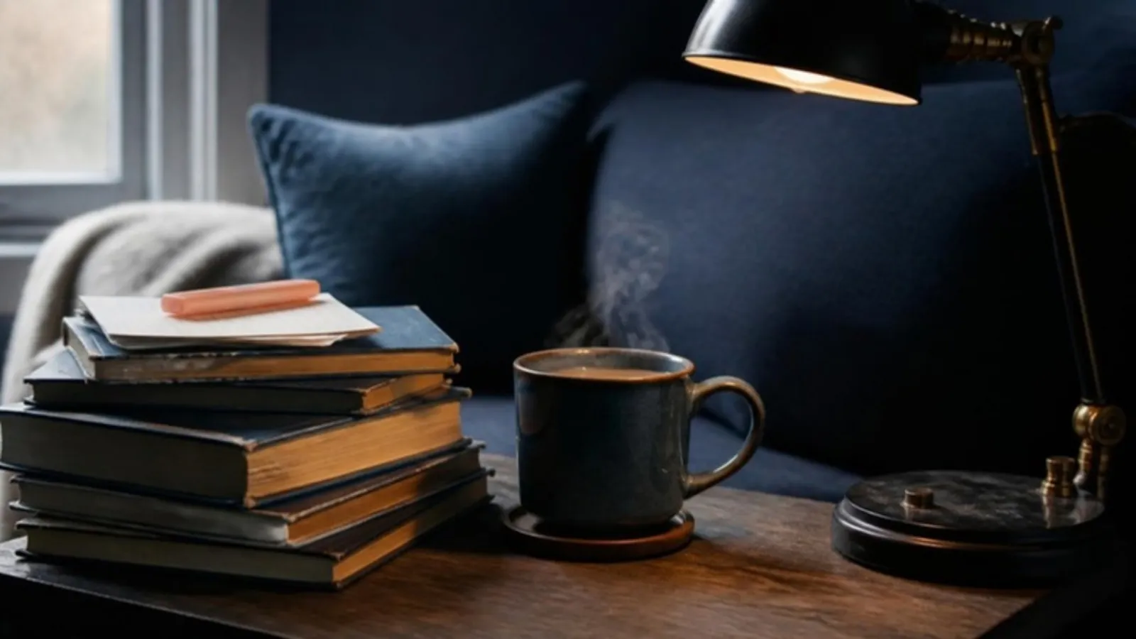 Bücherstapel mit Textmarker, Karteikarten und Teetasse in Leseecke