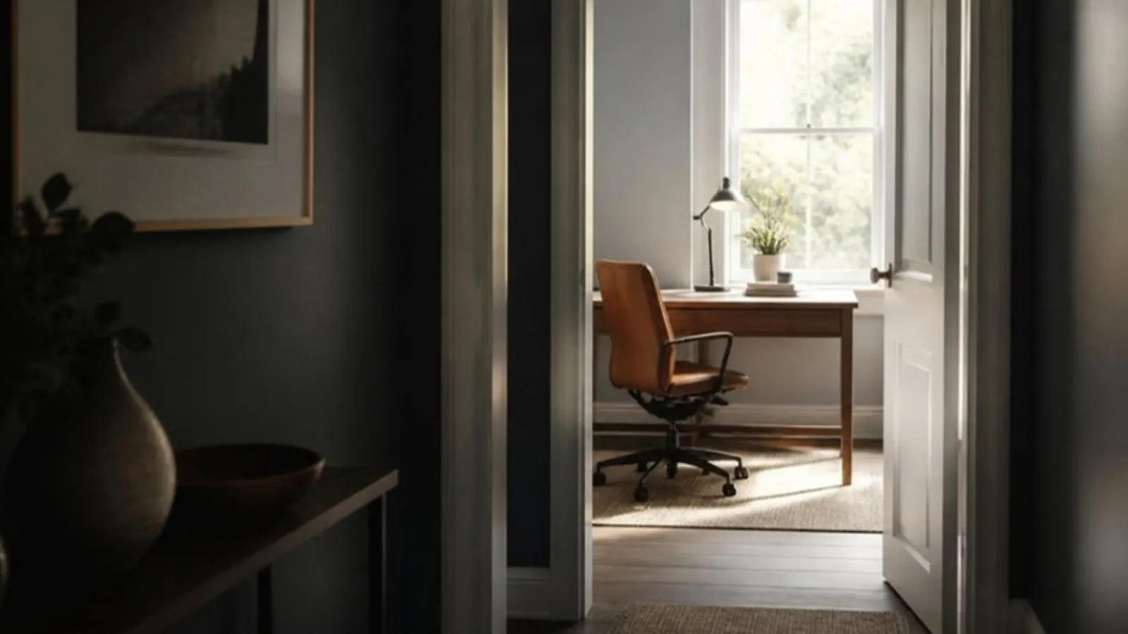Blick durch offene Tür von dunklem Flur in helles Homeoffice