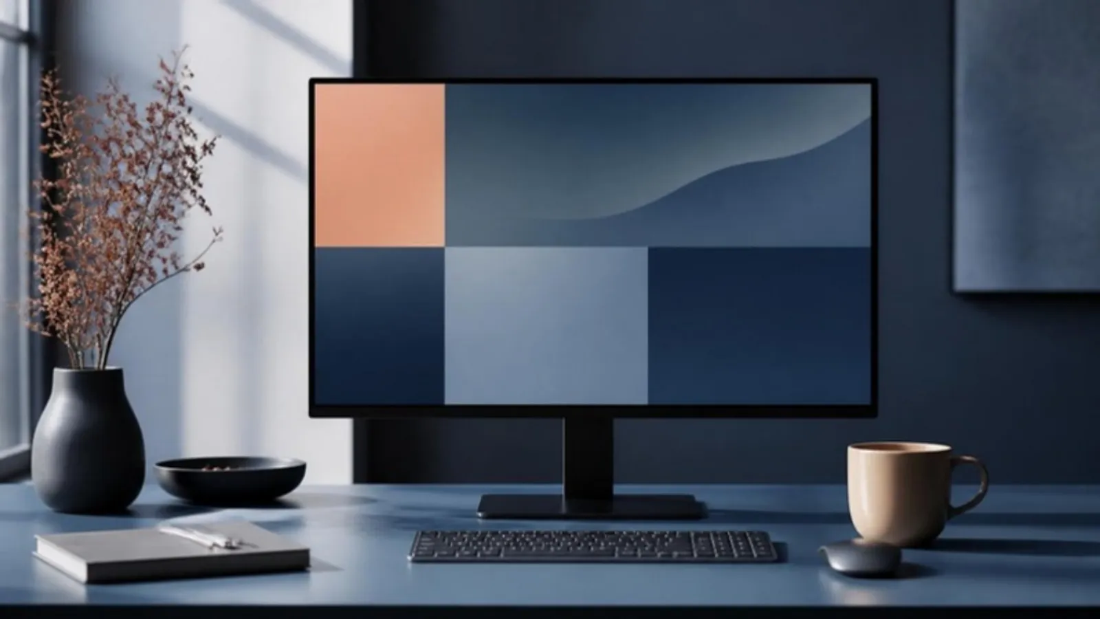 Monitor mit abstrakten Farbkacheln neben Tastatur und Kaffeetasse