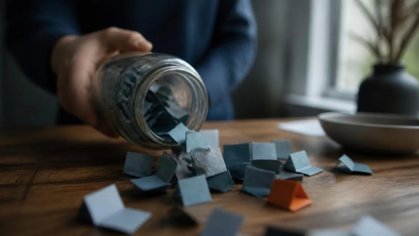 Hand kippt ein Glas, gefaltete Papiernotizen fallen auf den Tisch
