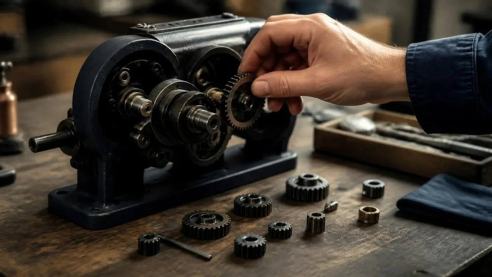 Hand setzt ein kleines Zahnrad in eine offene Mechanik auf der Werkbank