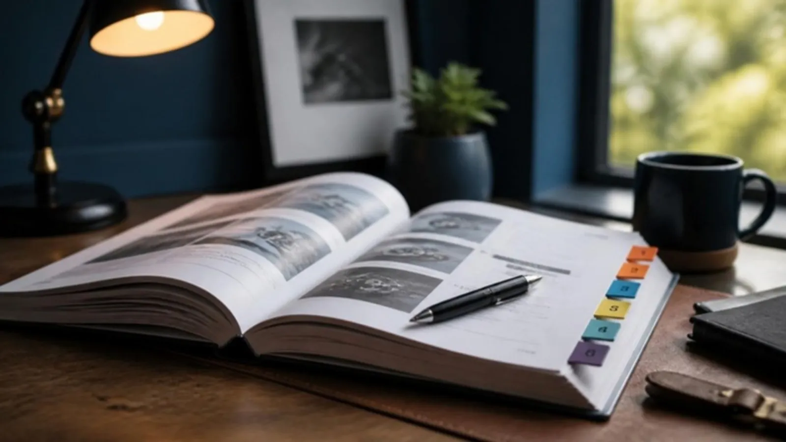 Aufgeschlagenes Handbuch mit bunten Griffregistern und Stift auf Schreibtisch